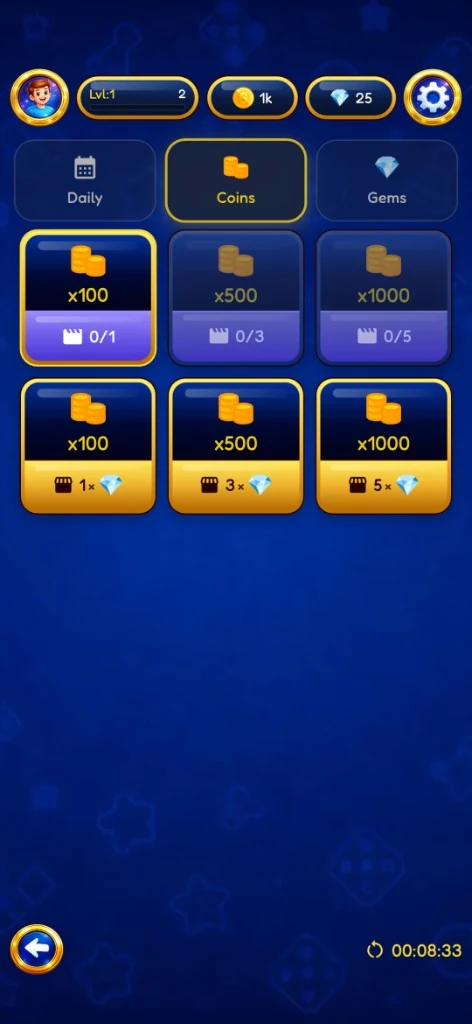 Coins rewards tab with watch-ad milestones and gem purchases