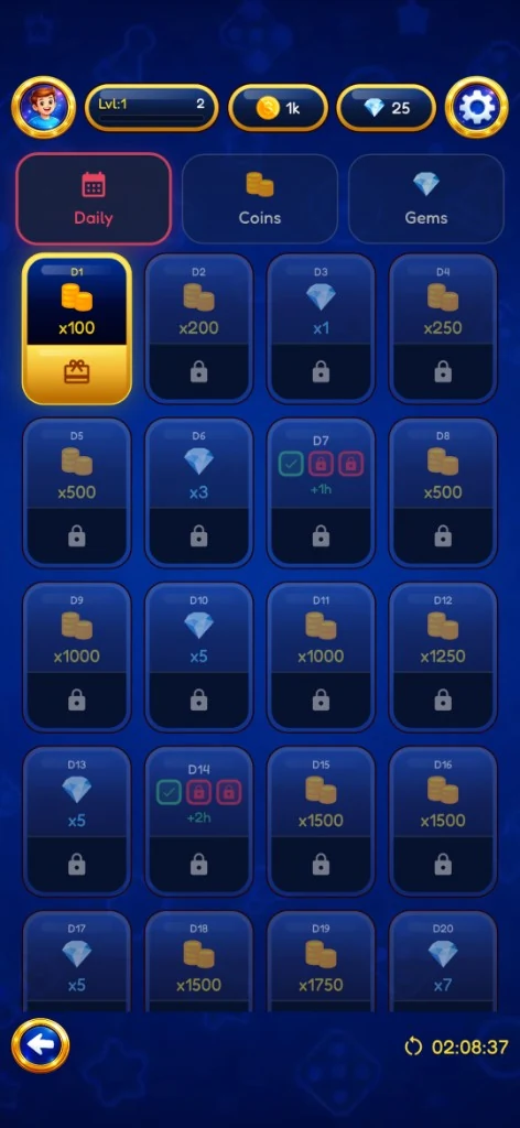 Daily login rewards calendar with coin, gem, and dice-save bonuses