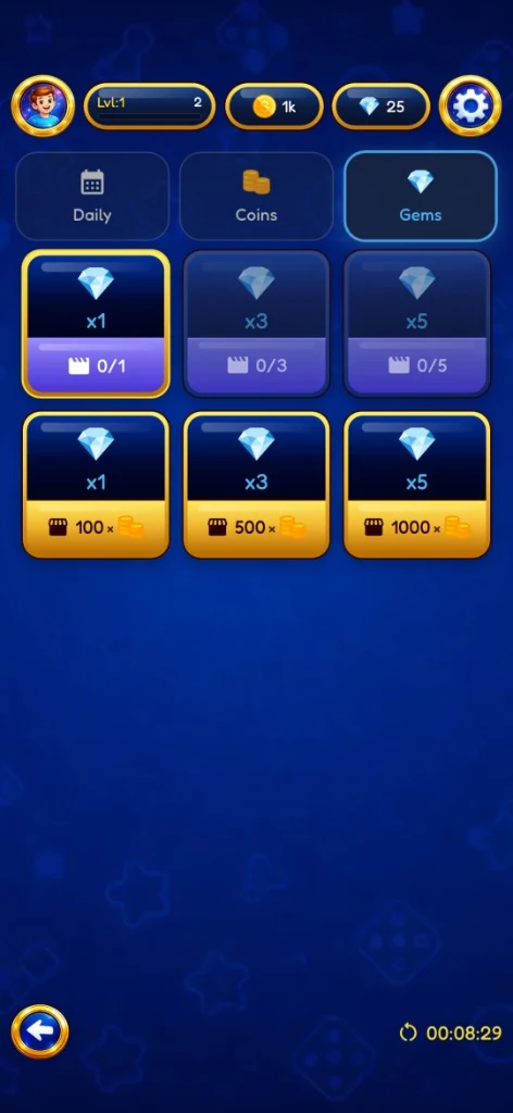 Gems rewards tab with ad milestones and coin exchange options